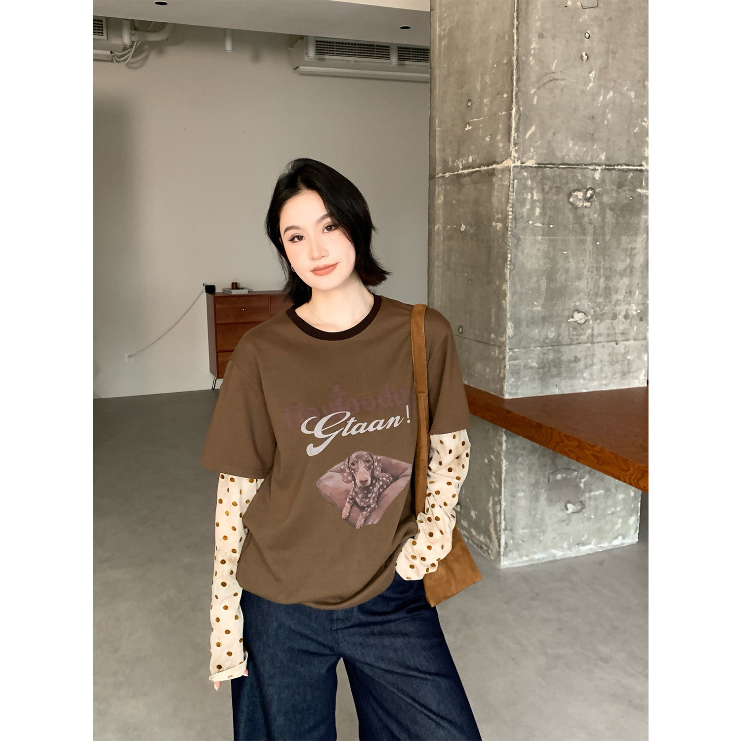PRASE吕噜噜【波点效应】微胖大码秋季宽松遮肉显瘦上衣针织T恤女