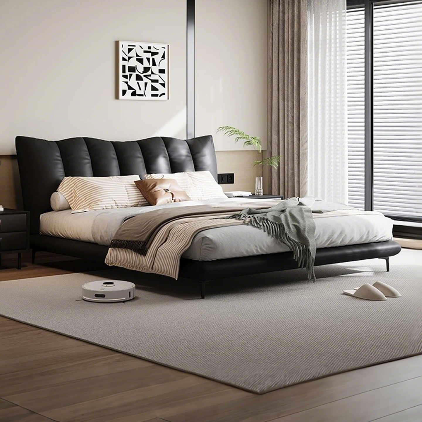 欧派现代简约高端黑色钢琴键软包床夜骑士意式轻奢极简双人真皮床