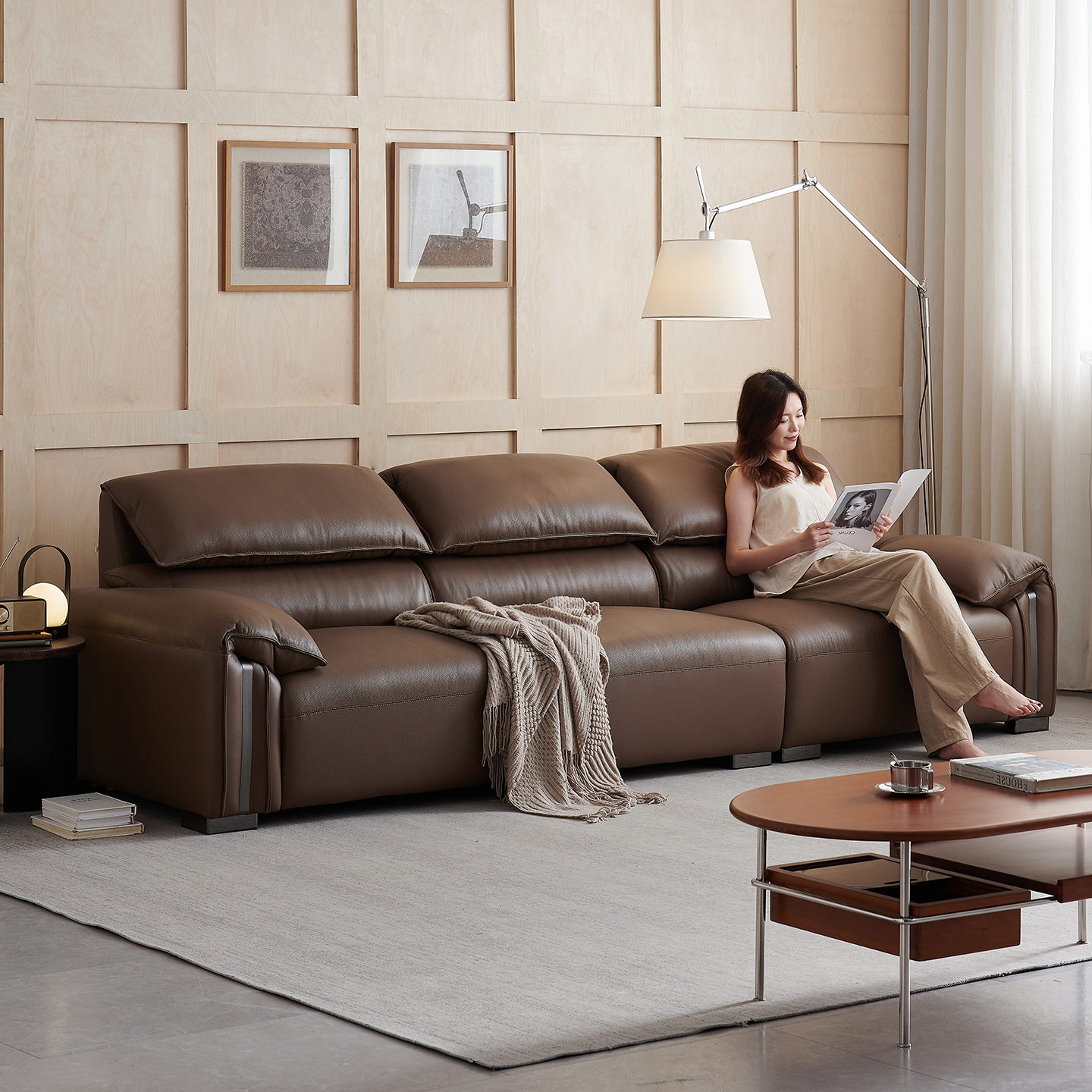 欧派意式极简真皮中古风小户型客厅大象耳朵沙发轻奢新款直排沙发