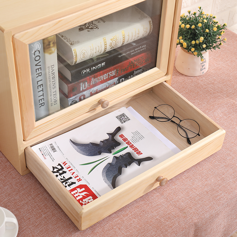 实木桌面收纳盒玻璃透明储物小柜子多功能4A纸办公室大号整理盒子