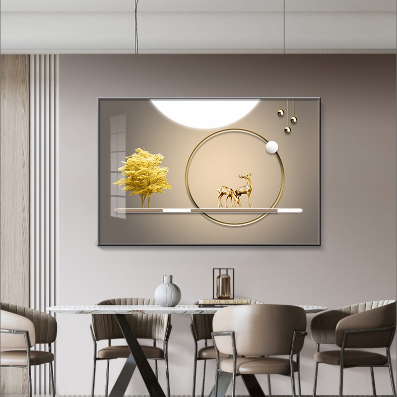 现代轻奢麋鹿餐厅装饰画大气餐桌墙面装饰壁画饭厅挂画高档晶瓷画图片