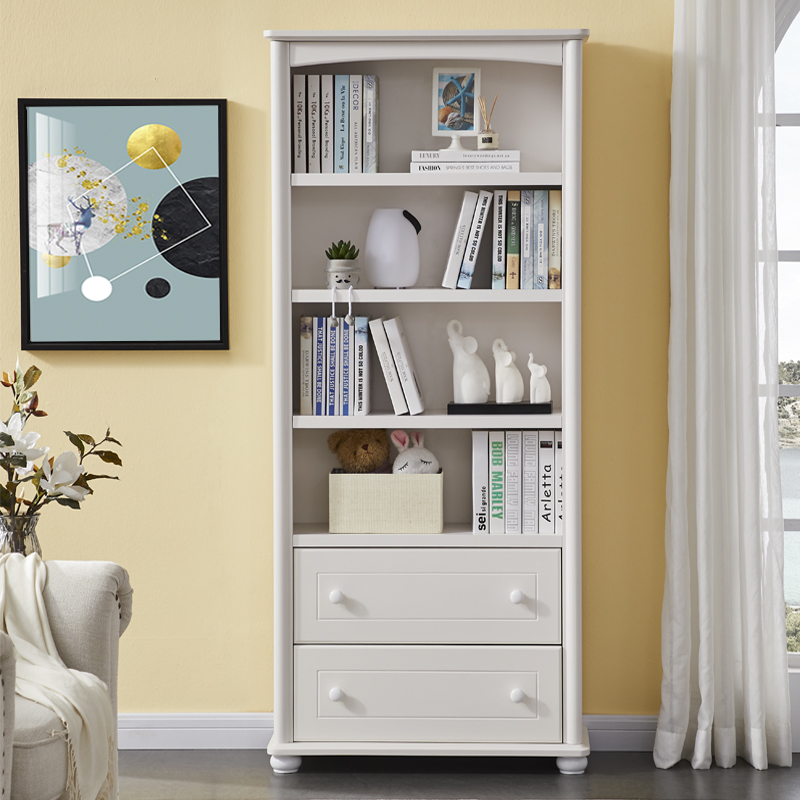 实木书柜储物柜展示收纳置物柜儿童学生白色烤漆书橱落地田园书架