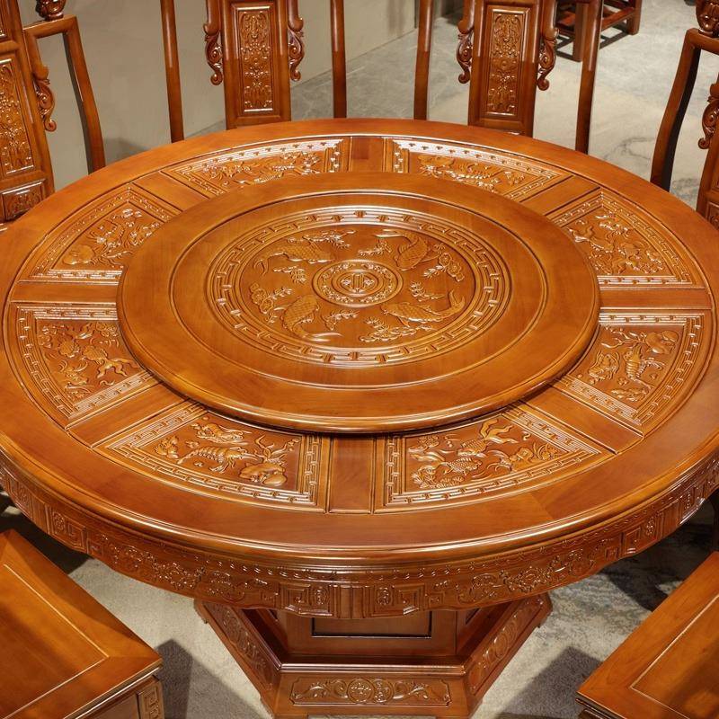 中式全实木餐桌椅组合带转盘大圆桌家用饭桌子橡木仿古雕花圆餐桌