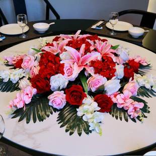 高端GDR酒店圆桌大中转间装 摆件餐桌花摆花仿真花包厢圆形盘假花