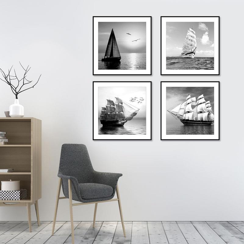 办公室工业风装饰画黑白挂画现代简约帆船餐厅壁画客厅卧室背景画图片
