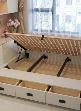 无床头榻榻米全木排骨头架小户型无床实木榉带抽FVT屉床储物床