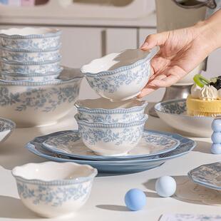 陌康（KANGMO法蓝色多瑙式中古玫瑰釉彩陶）瓷碗盘下勺筷高颜值饭