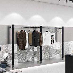 服装店展示架圆柱简约不锈钢黑色上墙挂衣架男女装店货架陈列架子