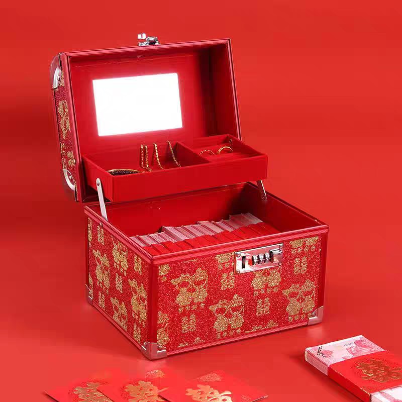 婚礼订婚彩礼箱结婚五金首饰盒带锁礼金收纳箱陪嫁提亲红色珠宝盒