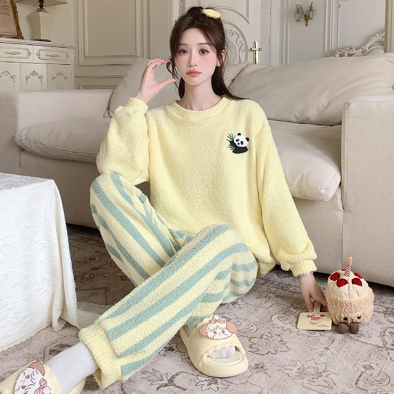 半边绒居家服睡衣套装女款高级感保暖加绒高档可外穿秋冬服装套头