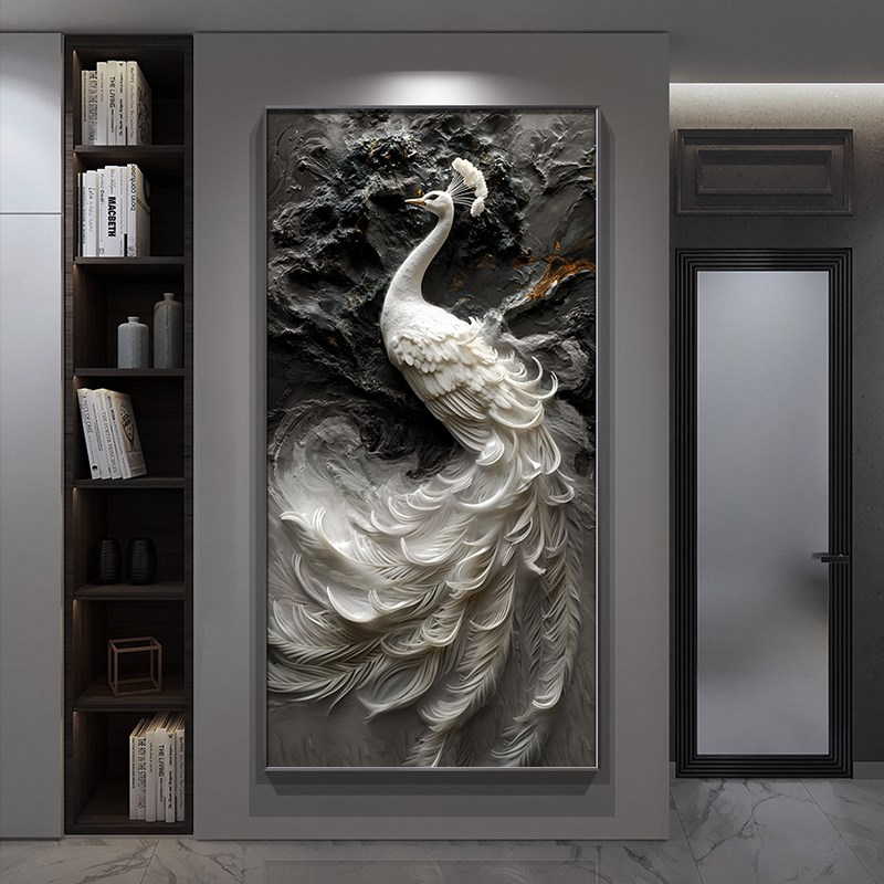 高级感浮雕立体肌理画孔雀挂画入户进门玄关装饰画走廊过道墙壁画