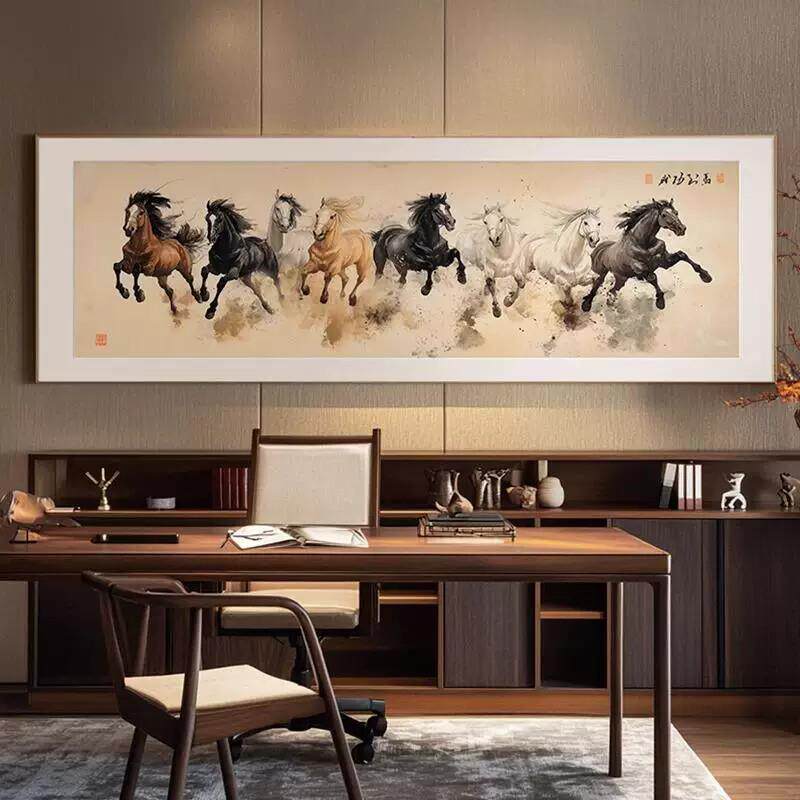 骏马图客厅沙发背景墙装饰画办公室挂画马到成功高档新中式背景画