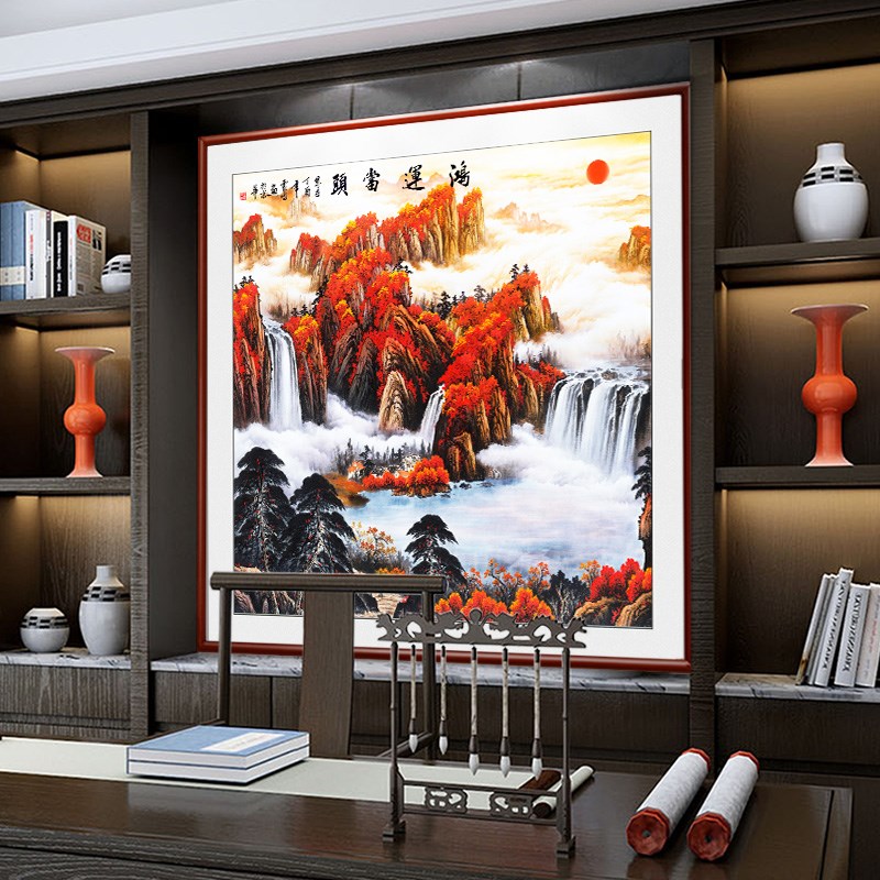 鸿运当头国画山水画靠山图斗方壁画招财风水画玄关走廊过道装饰画