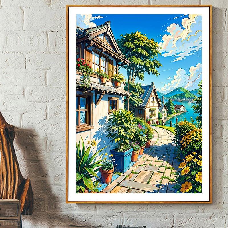 DIY方钻满钻钻石画钻石绣贴钻点钻十字绣带钻海边花园小镇风景