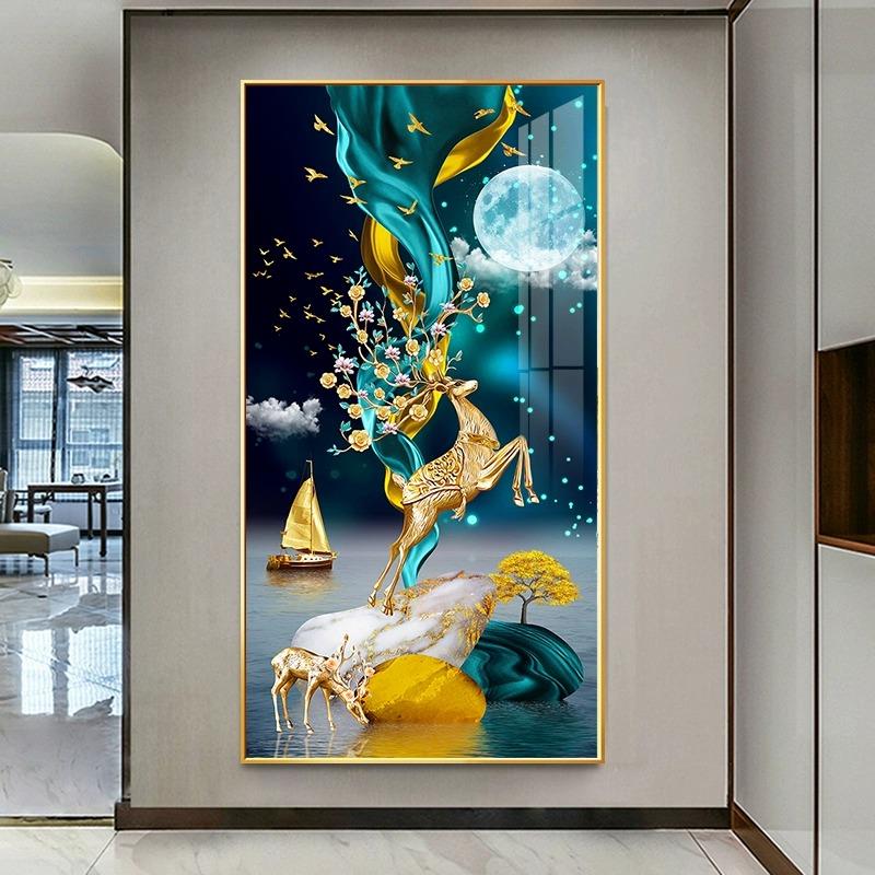 玄关装饰画现代简约轻奢北欧招财麋鹿走廊过道挂画入户正对门壁画