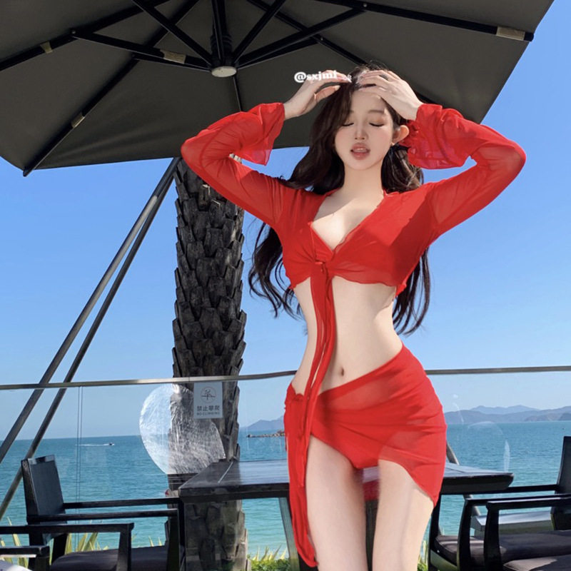 mosricci纯欲大红色显白性感比基尼四件套分体泳衣女长袖遮肉度假