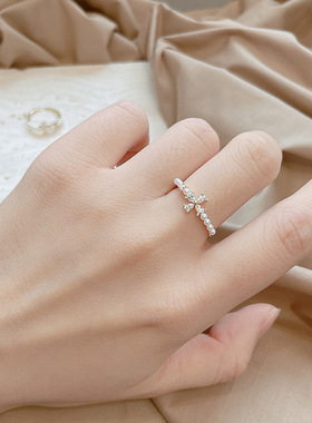 开口可调节珍 珠镶锆石戒指小众个性百搭食指戒叠戴食指指环批发