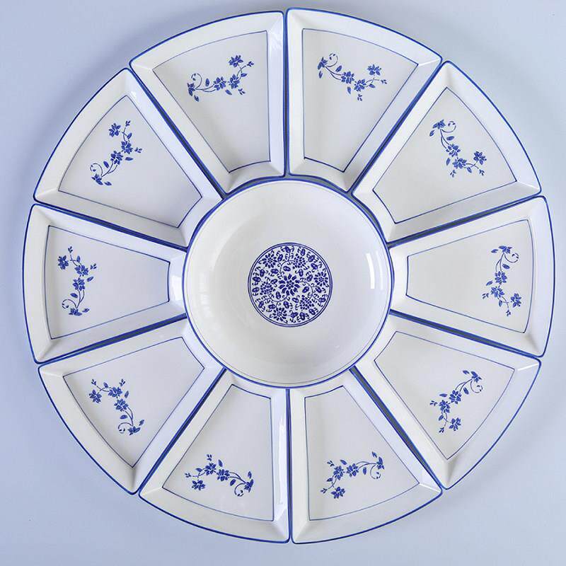 网红青花瓷拼盘餐具组合扇形盘圆桌拼盘陶瓷套装釉下彩家用餐具