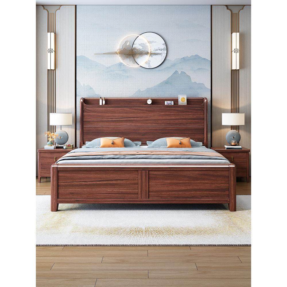 新中国风乌木实木床1.8米双人床1.5米储物柜现代中国风主卧硬背床