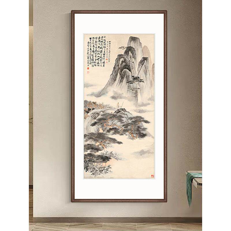 张大千山水画招财壁画新中式玄关装饰画竖版挂画走廊尽头过道国画