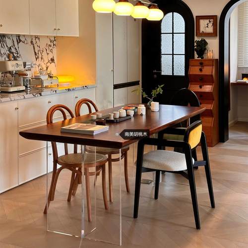 亚克力悬浮桌南美黑胡桃木餐桌小户型客厅书桌电脑桌长方形吃饭桌