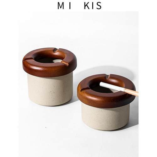 覆古烟灰缸家用咖啡桌带盖陶瓷烟杯防飞创意高端优雅高档粗陶烟灰