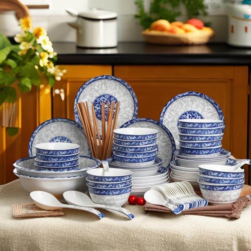 碗碟套装家用经典青花瓷碗陶瓷碗吃饭套碗盘子中式组合鱼盘餐具