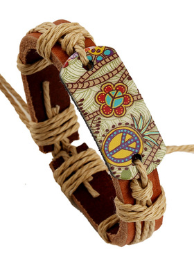 欧美流行饰品麻绳编织牛皮手链复古风烫画和平标志皮手链一件代发