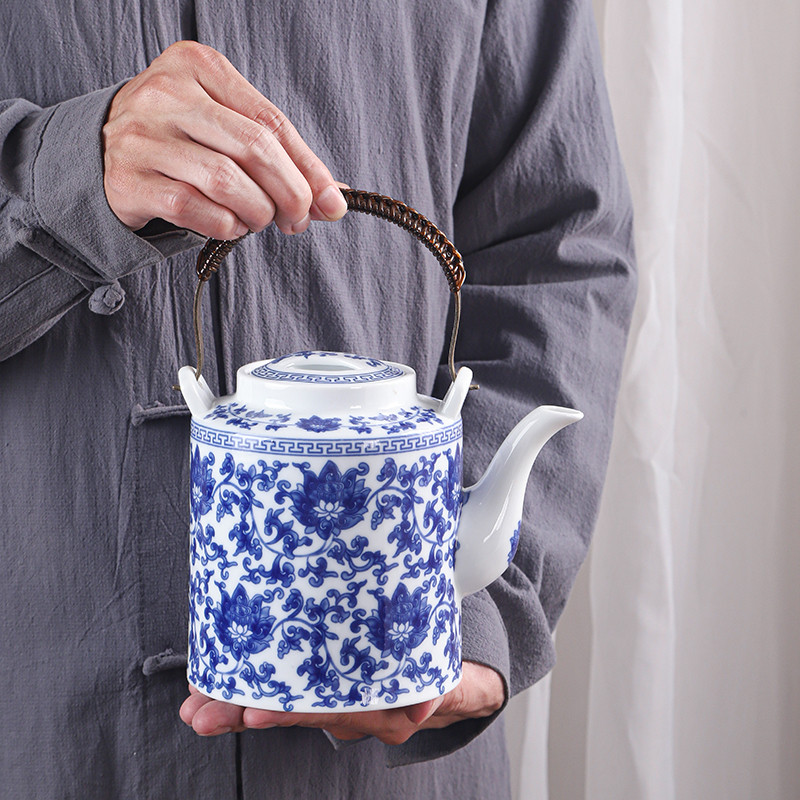 大茶壶陶瓷单提梁壶青花瓷带过滤白瓷大号家用泡茶器复古中式茶具