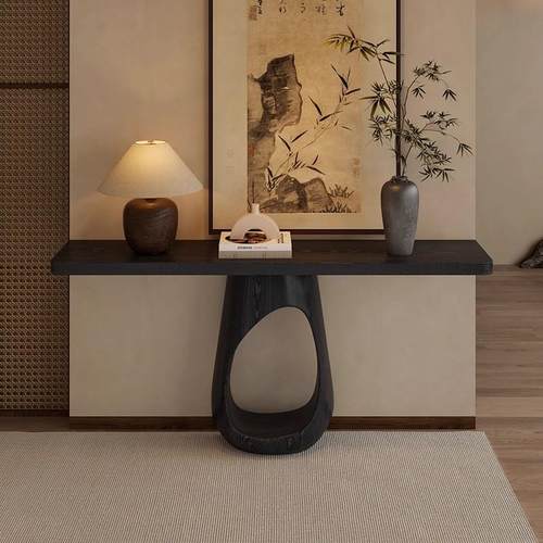 侘寂风实木玄关桌碳化黑色入户靠墙玄关台家用创意装饰靠墙条案