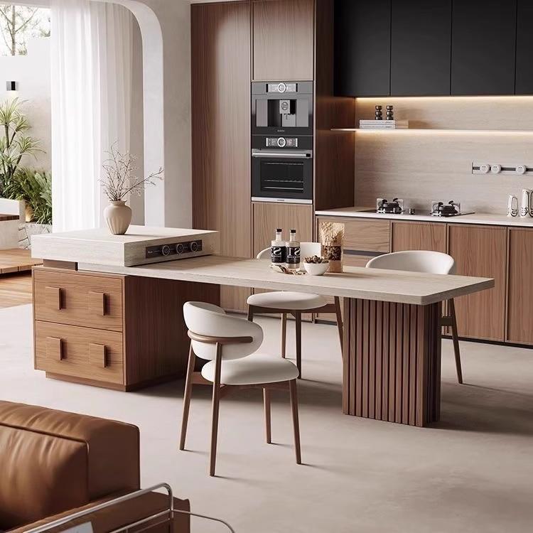 新款洞石岩板岛台餐桌一体中古风岛台餐桌家用可伸缩多功能餐桌椅