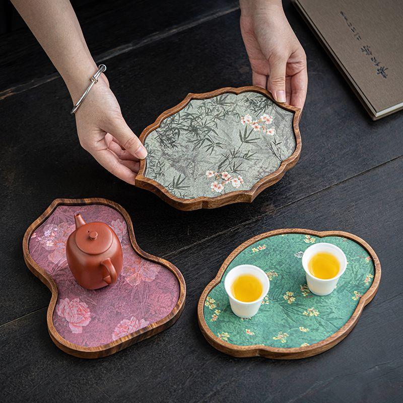 中式葫芦胡桃木织锦壶承小干泡盘高级防水茶壶壶垫家用茶具茶桌盘