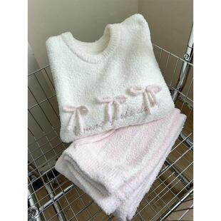 奶呼呼蝴蝶结半边绒睡衣女冬季加绒加厚家居服保暖长袖长裤两件套