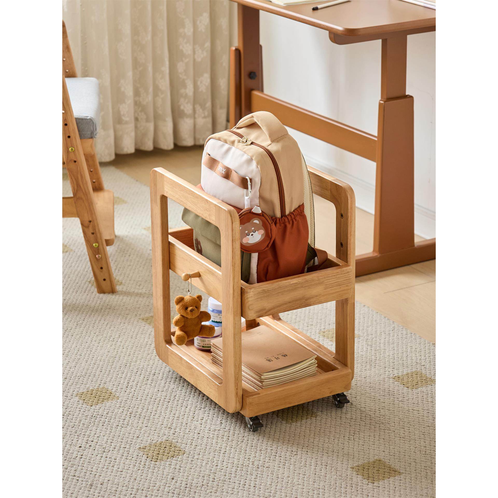双层实木小推车书包置物架收纳架桌下小推车可移动儿童绘本书架,住宅家具,儿童书架,淘宝优惠券,粉丝福利购,淘宝优惠卷