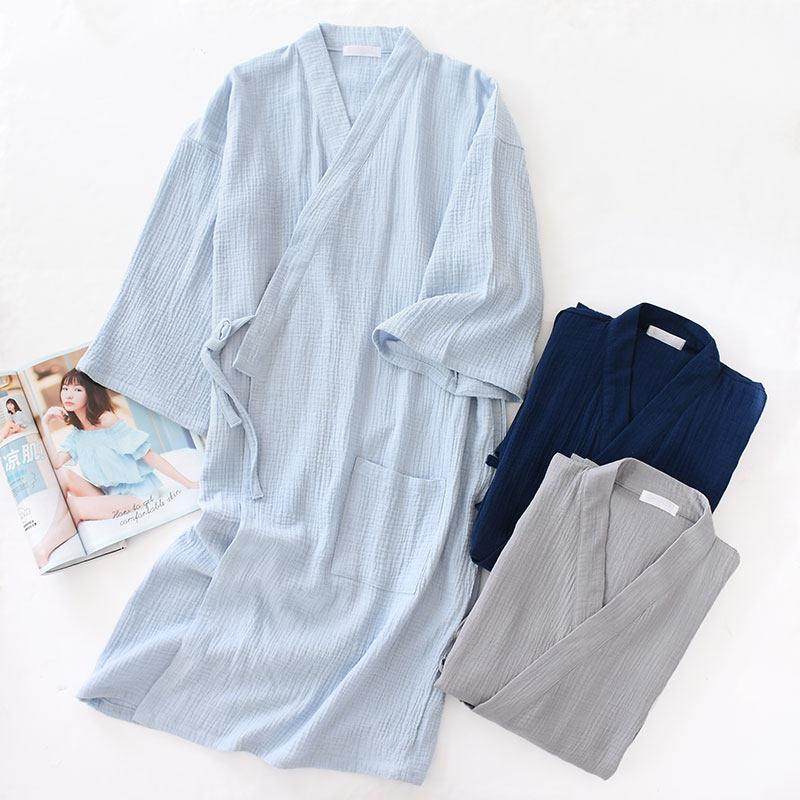 全棉绉布睡袍和服浴袍男春秋夏季纯棉纱布双层薄款家居服睡衣汉服