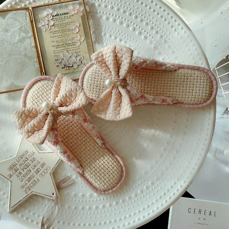 小香风复古褶皱蝴蝶结亚麻家居凉拖鞋女士春夏季室内防滑居家鞋女,居家布艺,居家亚麻拖鞋,淘宝优惠券,粉丝福利购,淘宝优惠卷