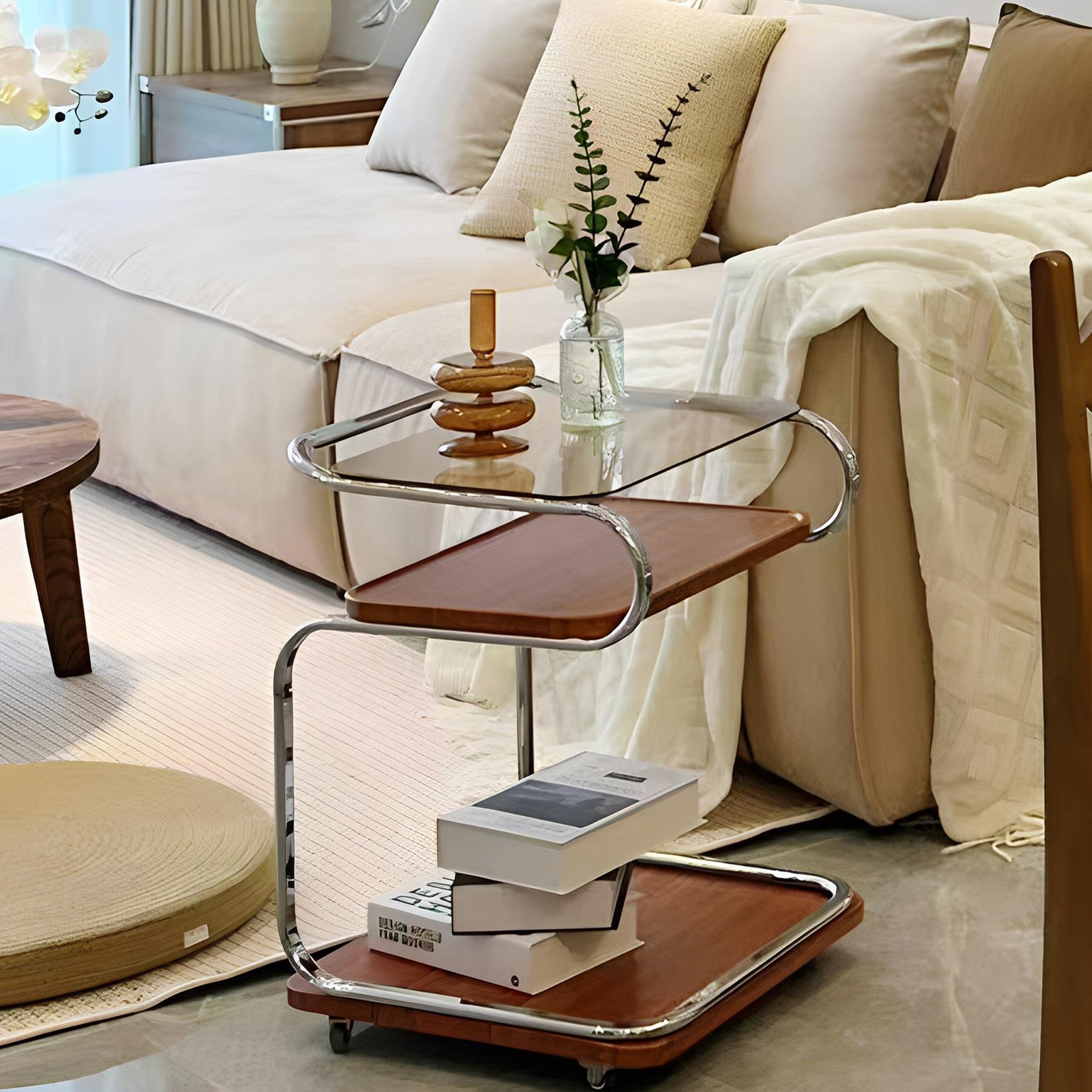 中古风实木可移动边几客厅沙发旁卧室家用置物架床头柜小推车