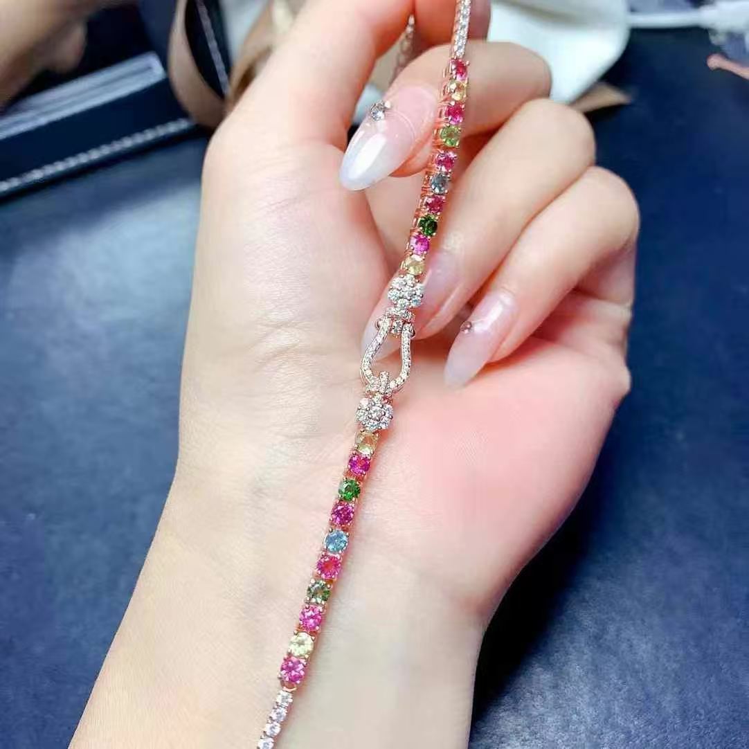 地大珠宝天然彩虹色碧玺手链女款图片