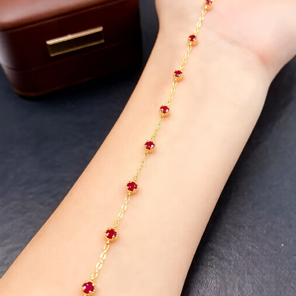 地大珠宝红宝石925银手链轻奢