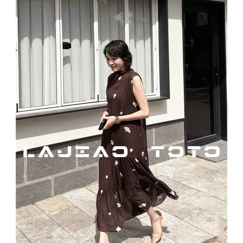 LAJIAO TOTO【古杏咖韵】100桑蚕丝夏季中长款女连衣裙#2602F0707