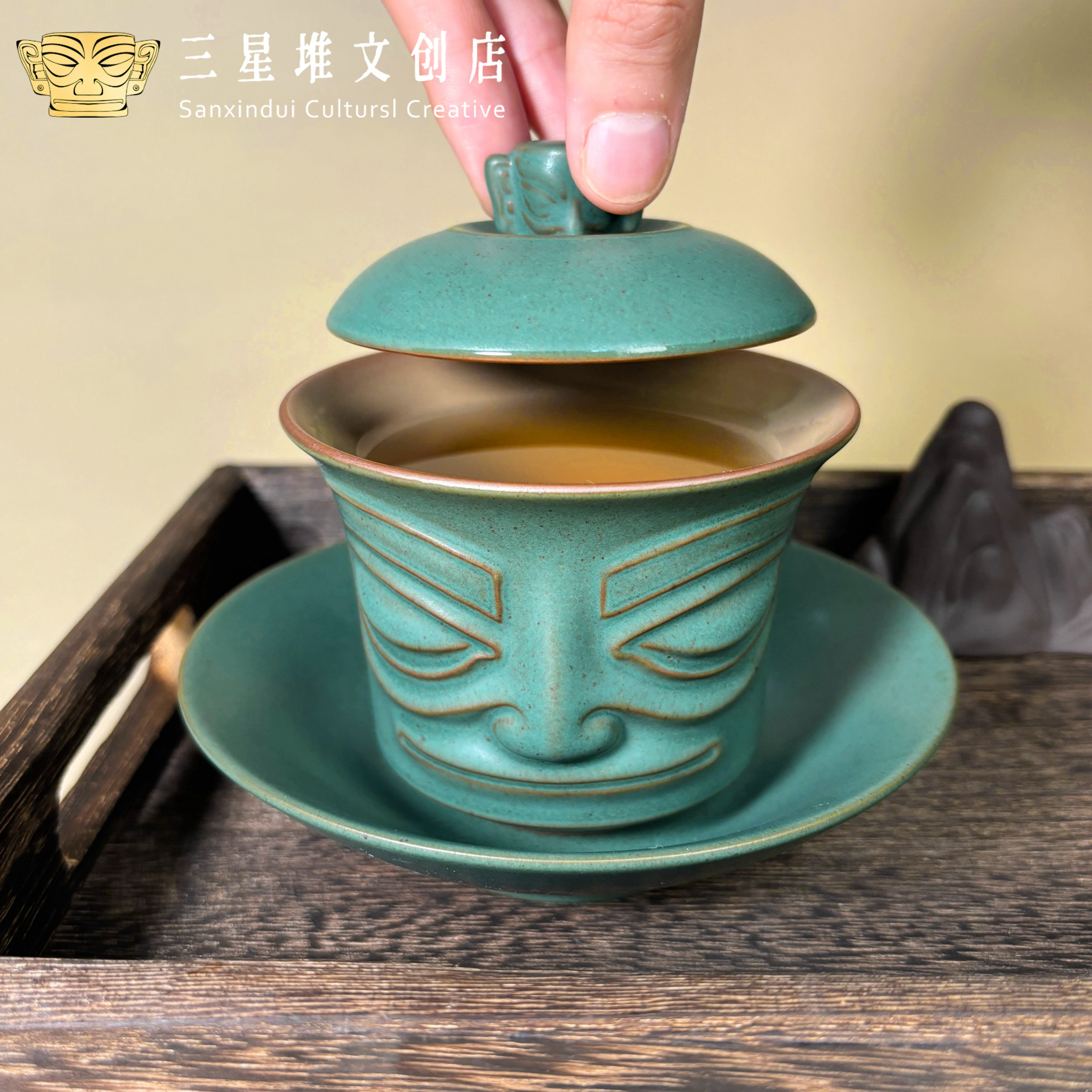 三星堆陶瓷盖碗文创青铜面具泡茶碗功夫茶具个人专用高档礼品送礼