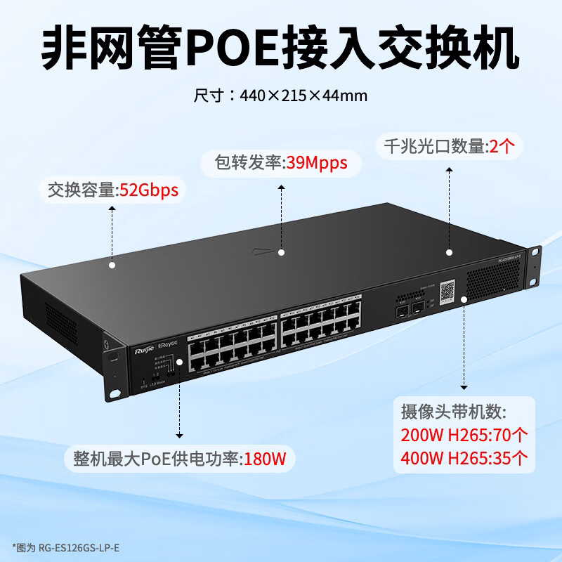 锐捷睿易交换机RG-ES126GS-LP-E 非网管 POE供电 24口千兆电口接入+2口SFP光口上联 监控安防网络集线器
