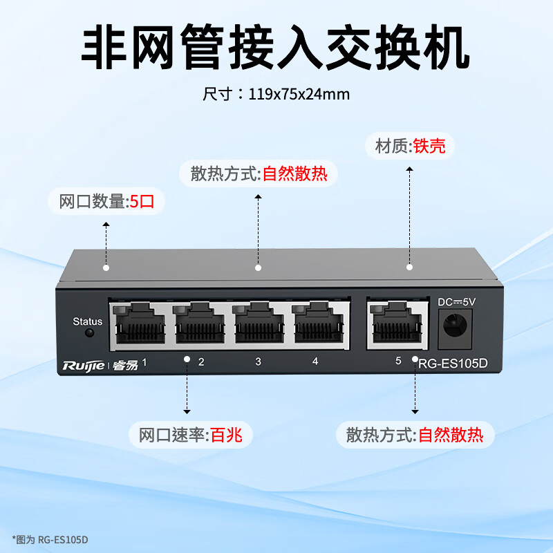 锐捷睿易交换机RG-ES105D 5口百兆 非网管 铁壳 防雷 家用学生宿舍 网络集线器图片