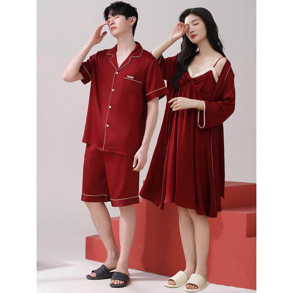 红色结婚睡衣女新娘晨袍新婚情侣2025新款冰丝吊带睡裙男套装夏季