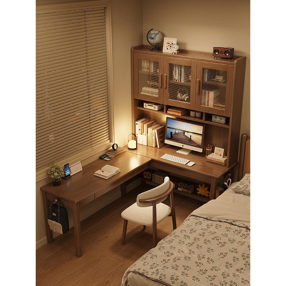 实木转角电脑桌卧室学生家用书桌书架一体桌双人学习桌拐角办公桌