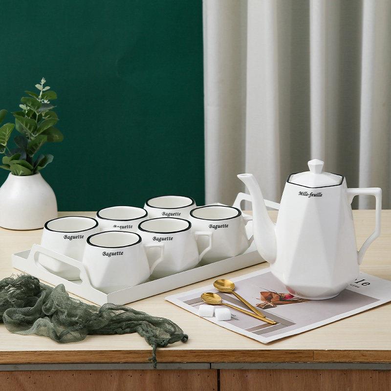 欧式简约陶瓷水具套装 家用茶杯子水壶背带托盘 描黑线家用客厅茶