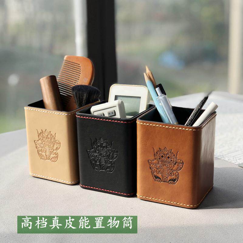 高档真皮笔筒遥控器桌面收纳筒美妆眉笔粉刷多功能摆件文具置物筒