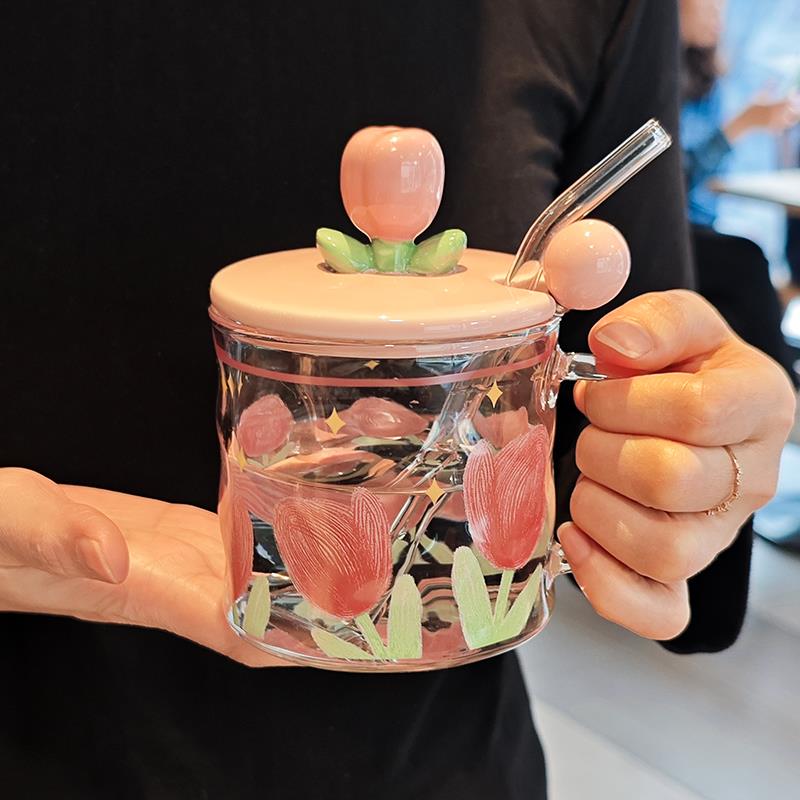 高颜值吸管玻璃杯子带盖子勺女生家用办公室高硼硅耐高温可爱喝水