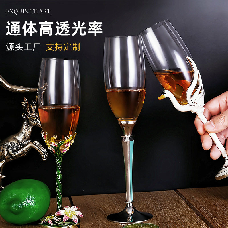 珐琅彩香槟杯轻奢家用酒吧饭店夜场葡萄酒高脚杯水晶玻璃情侣对杯