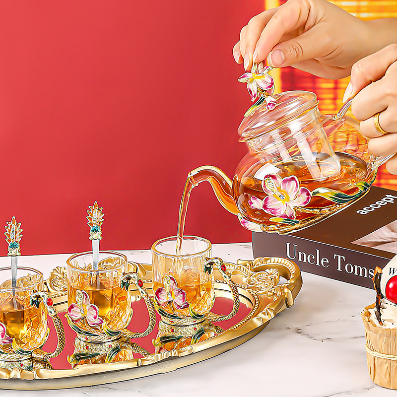 蝴蝶兰功夫茶具一壶六杯珐琅彩家用商务泡茶壶喝水杯子高档花茶壶